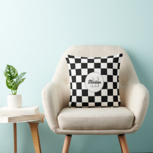 Coussin à damiers carré noir et blanc rétro Monogramme