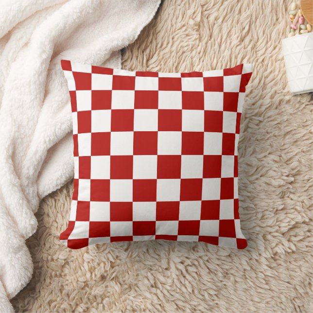 Coussin à damiers carré rouge blanc rétro (Couverture)