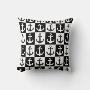 Coussin à damiers Motif d'Ancre de navire - Noir et Blanc