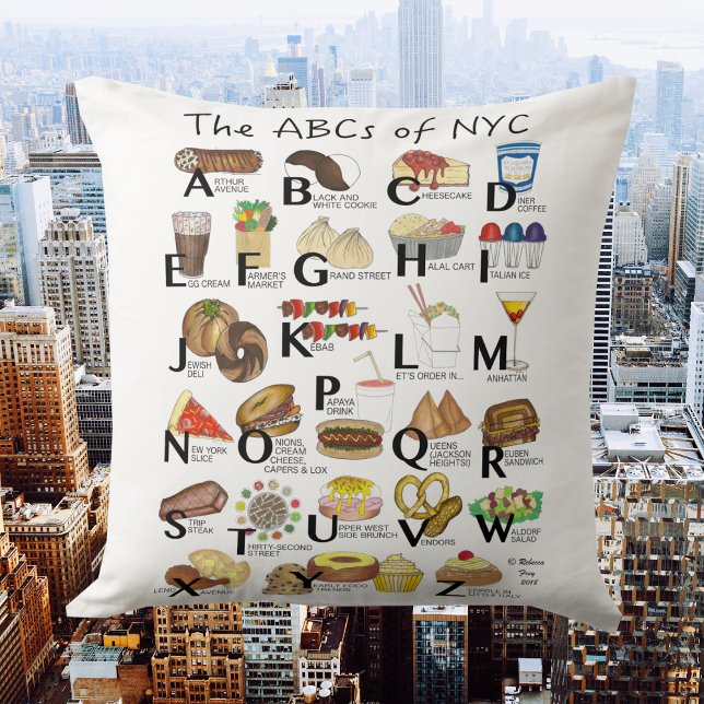 Coussin ABC de NYC Iconic New York City Foods Alphabet (ABCs of NYC)