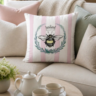 Coussin Abeille Couronnée dans une Couronne   Rayures Rose