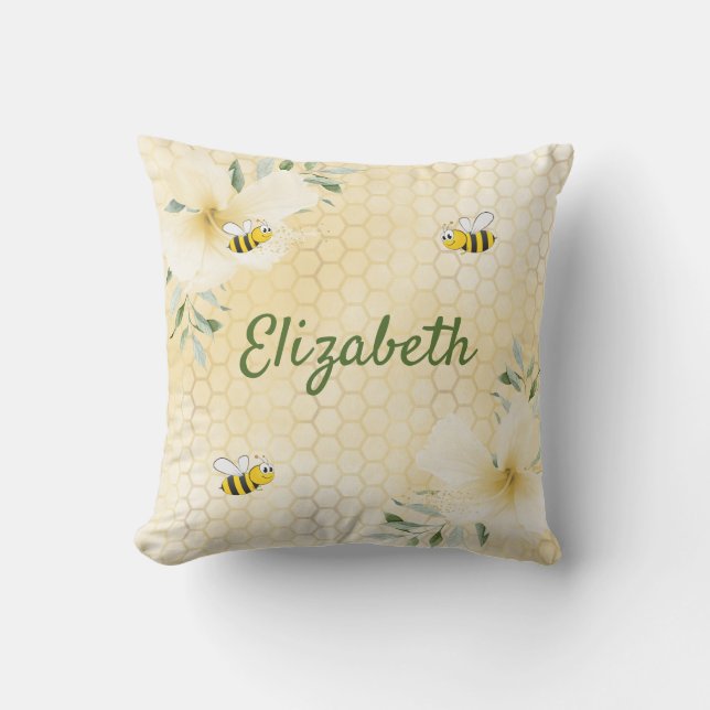 Coussin Abeilles jaune nid d'abeille fleuron nom (Recto)