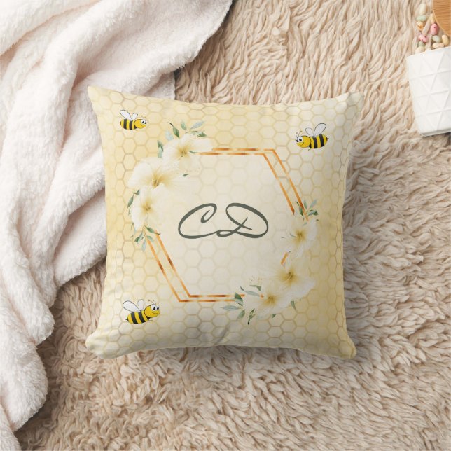 Coussin Abeilles jaune nid d'abeille monogramme floral amu (Couverture)