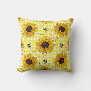 Coussin Abeilles, tournesols, à damiers, motif vintage.