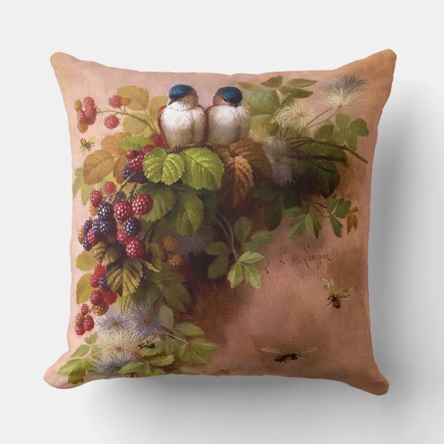Coussin Abeilles vintages, oiseaux, et baies (Recto)