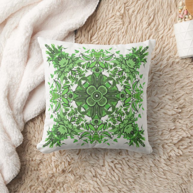 Coussin Abstract Floral Pattern In Black & Green On White (Couverture)