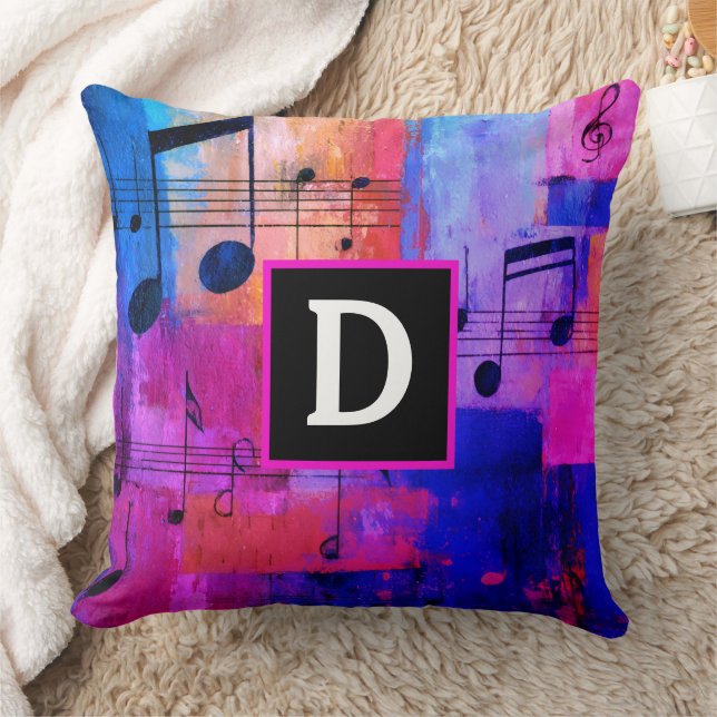 Coussin Abstract yellow red blue musical notes monogrammed (Couverture)