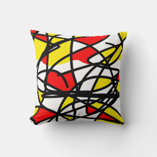 Coussin Abstrait Art Jaune Rouge Blanc noir