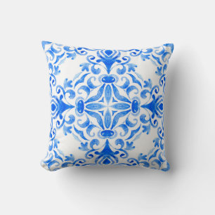 Coussin Abstrait bleu et blanc dessiné à la main sans cout