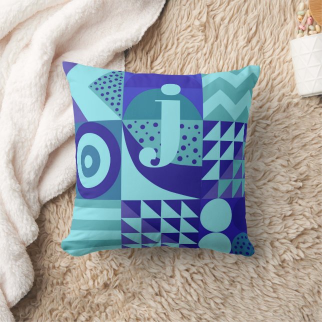 Coussin Abstrait blues greens formes géométriques monogram (Couverture)