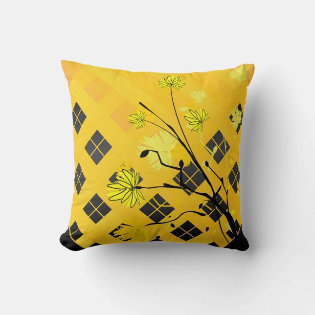 Coussin abstrait floral jaune et noir (Recto)