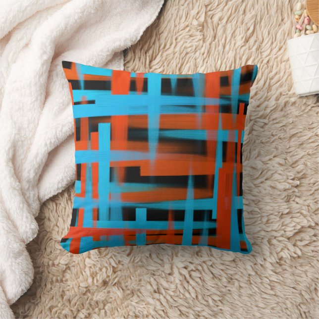 Coussin Abstrait Moderne Orange Bleu Bleu Brush traits (Couverture)