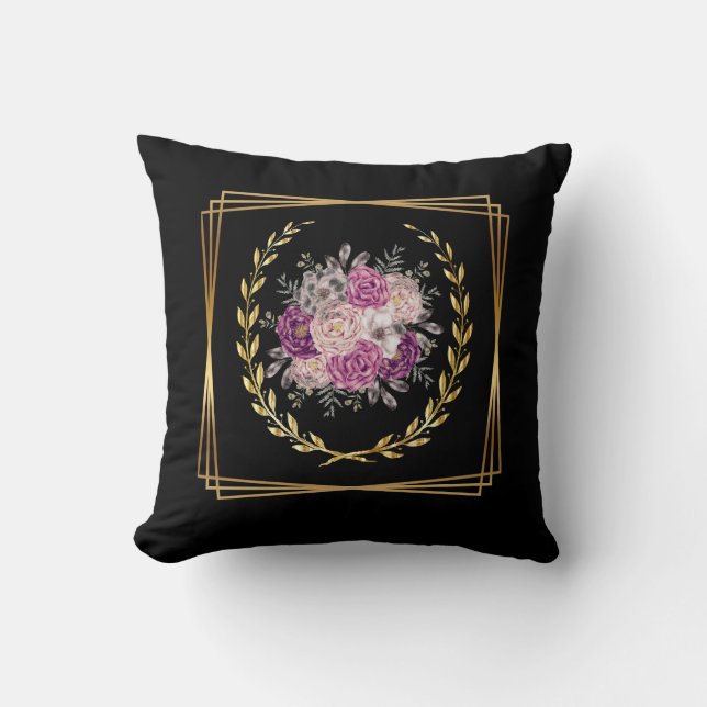 Coussin Abstrait Or Noir Fleur Pourpre Bohème Tendance (Recto)