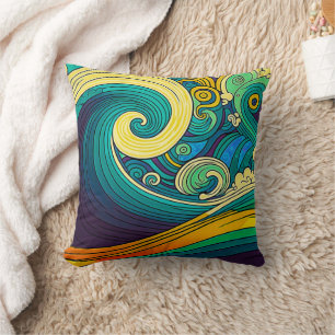 Coussin Abstrait rétro coloré les années 70 hippie Waves A