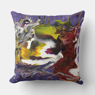 Coussin Abstrait Violet avec Tourbillons de Fluides Rouges