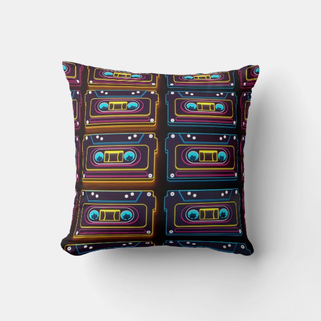 Coussin Abstraite bande Cassette musique rétro néon de bac (Recto)