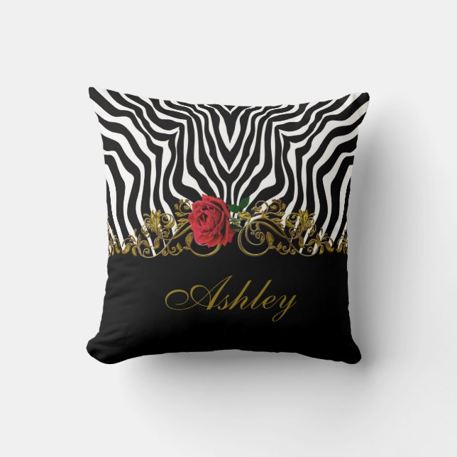 Coussin Abstraite Fleur Zèbre Rouge Noir Blanc Or         (Recto)