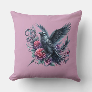 Coussin Academia sombre Corbeau et Roses Rouges Floral got