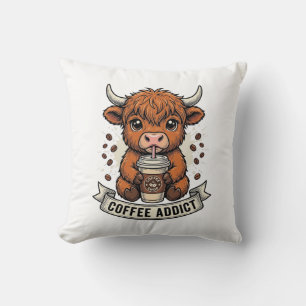 Coussin Accro au café Vache des Highlands Mignonne Gravure