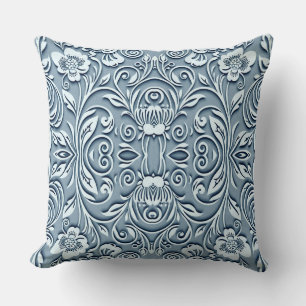 Coussin Acier Bleu symétrique Embossé Design floral