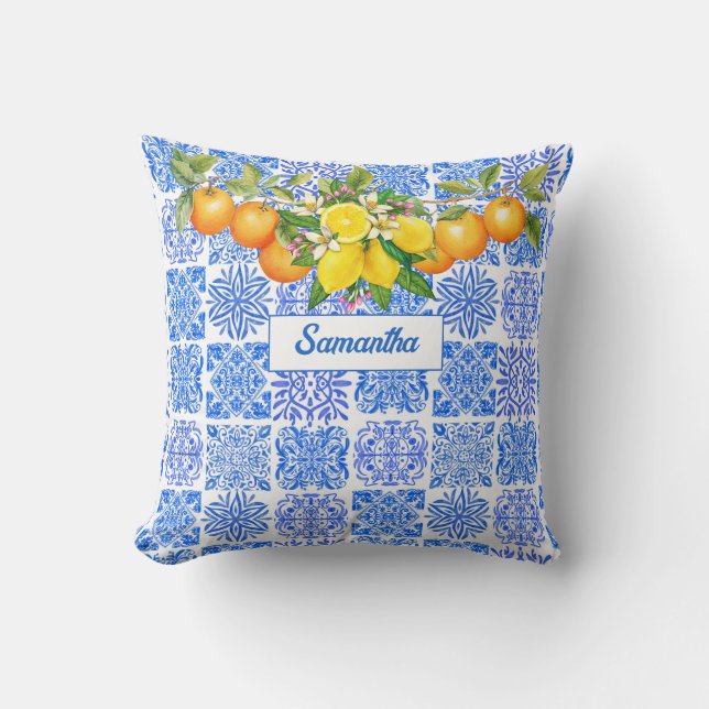 Coussin Acitrus bleu sicilien jaune azulejo méditerranéen (Recto)