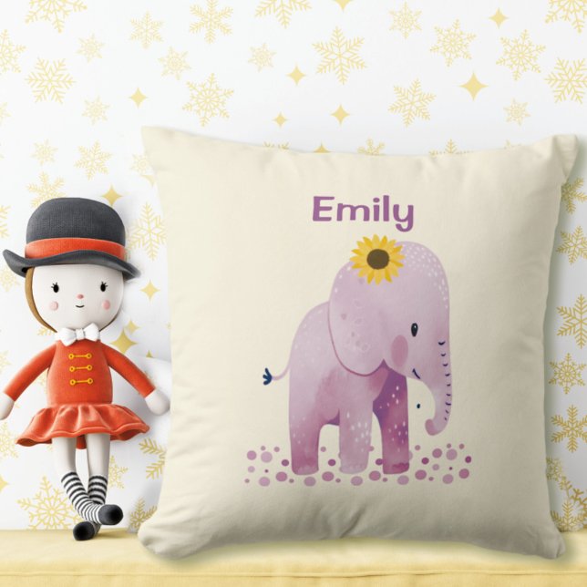 Coussin Adorable bébé fille éléphant avec nom (Créateur téléchargé)