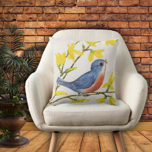 Coussin Adorable Bleu Rouge Chantant Oiseau Fleurs Jaunes