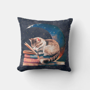 Coussin Adorable Chat sur la Lune Lire un livre