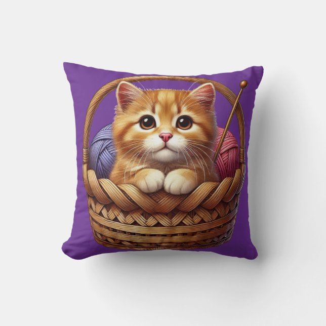Coussin adorable chaton orange en panier avec fils (Recto)