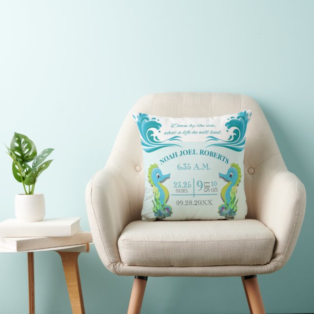 Coussin Adorable Faire-part de naissance de Seahorse (Boy) (Chaise)