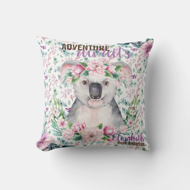 Coussin Adventure Await Baby KOALA BEAR Purple Floral (Recto)