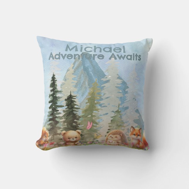 Coussin Adventure Awaits Personalized Woodland Animal Gift (Recto)