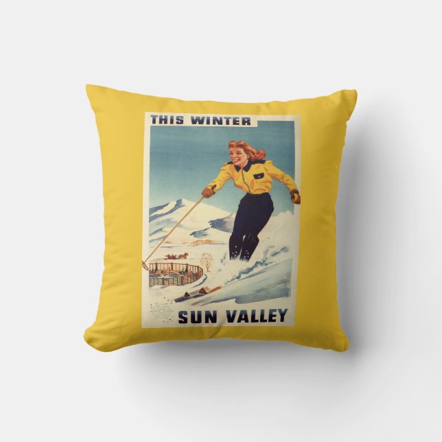 Coussin affiche de sourire et de ski de femme (Recto)