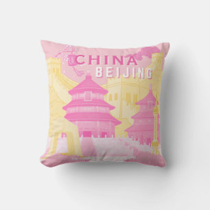 Coussin Affiche de voyage à Pékin Chine   Art rose et jaun