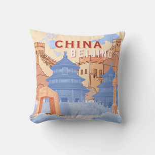 Coussin Affiche de voyage à Pékin Chine Bleu pastel et p