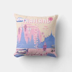 Coussin Affiche de voyage pastel bleu rose de Bangkok Thaï