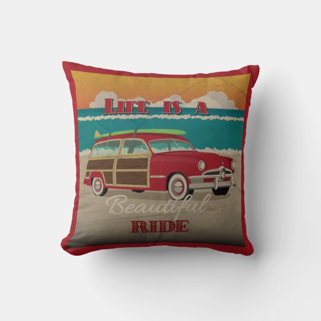 Coussin Affiche en bois vintage de plage de voiture (Recto)