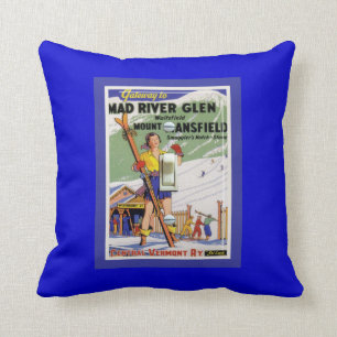 Coussin Affiche vintage de ski, crique de Mad River de ski