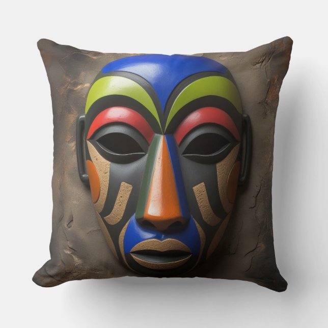Coussin African Tribal Mask Geometric Symbolism (Recto)