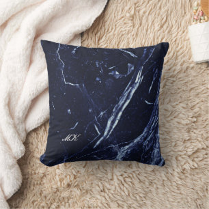 Coussin Agate Marine Marbre Bleu Nom personnalisé Lettre