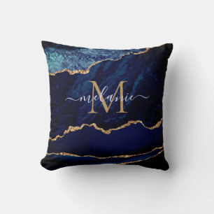 Coussin Agate Marine Parties scintillant en or bleu marbre