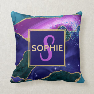 Coussin Agate Pailletée Faux Or Violet, Rose & Sarcelle