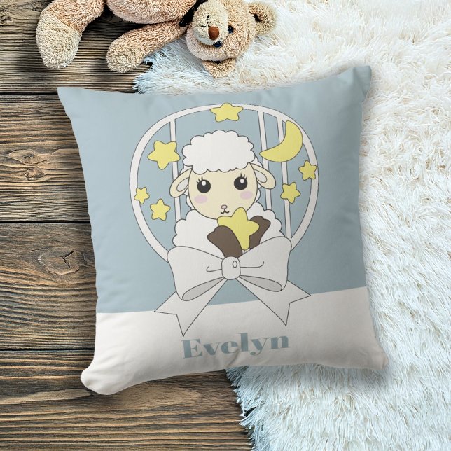 Coussin Agneau de dessin Retro Pastel Blue Cute (Créateur téléchargé)
