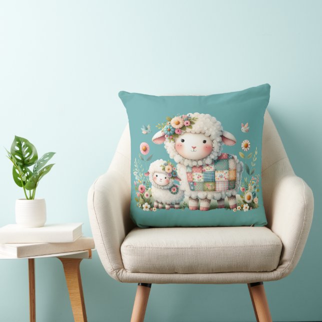 Coussin Agneaux mignons aux accents floraux et en écailles (Chaise)