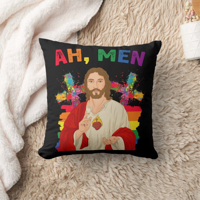 Coussin Ah Men Funny LGBT Gay pride Jesus Christian (Couverture)