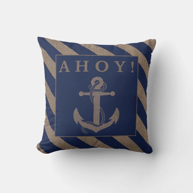 Coussin Ahoy ! Ancre nautique Bleu et bracelet marine (Recto)
