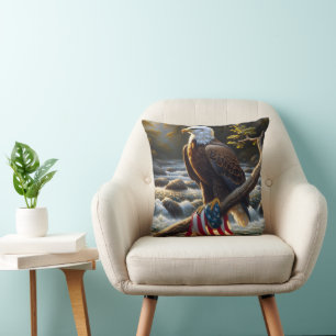 Coussin Aigle à tête blanche avec drapeau américain sur un