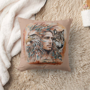 Coussin Aigle - Homme - Loup - aquarelle art 1 - Amusants