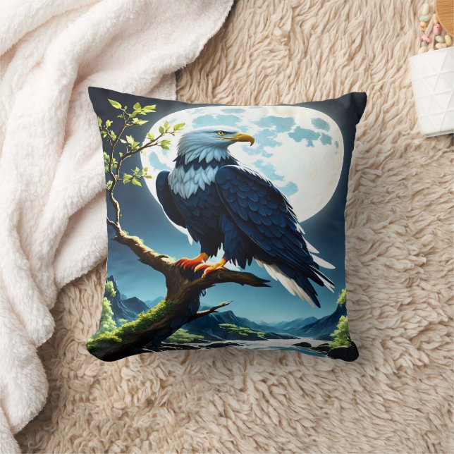 Coussin Aigle perché sur une branche sous Pleine lune (Couverture)