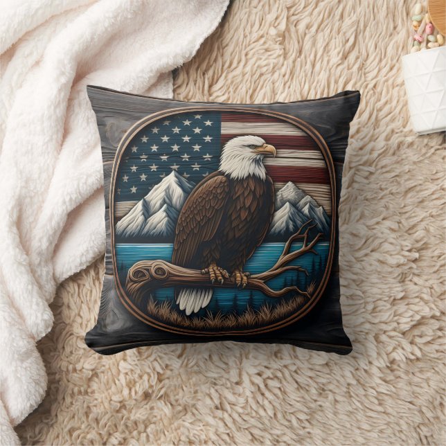 Coussin Aigle sur branche, drapeau américain (Couverture)